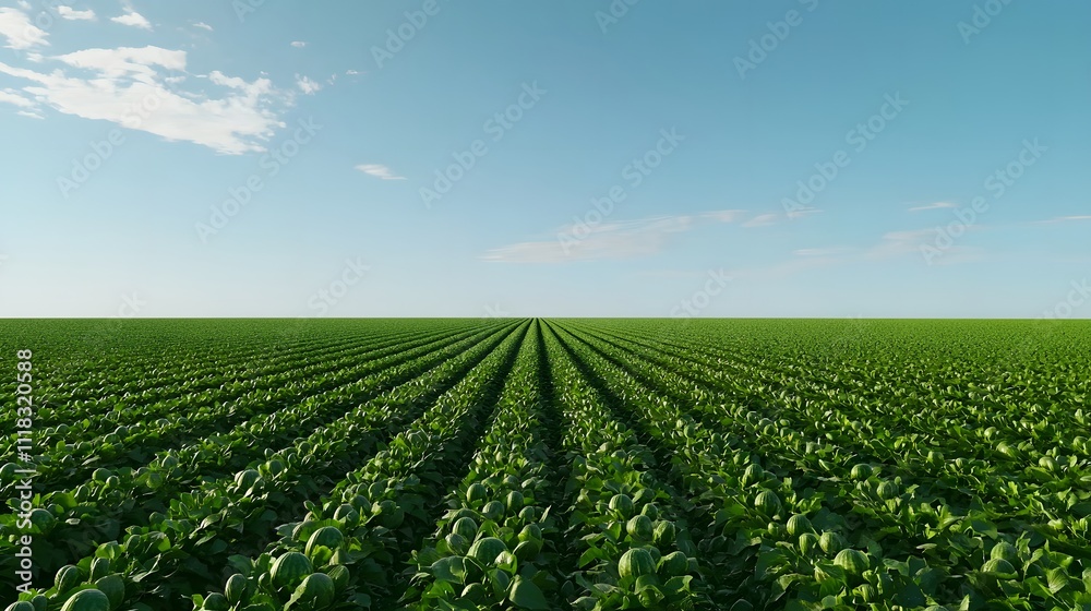 Watermelon refreshment from agriculture. A vast green field stretches under a clear blue sky, showcasing neatly organized rows of crops, symbolizing agricultural abundance and natural beauty.