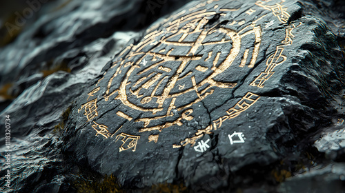 Enigmatic engraved stone: intricate runes and enigmatic symbols etched into a weathered stone, inviting contemplation and exploration. Runes. Illustration