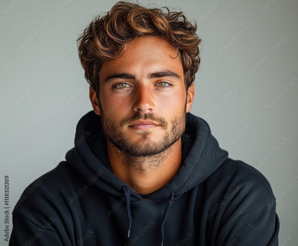 Fototapeta premium A man with a beard and glasses is wearing a black hoodie. Generative AI