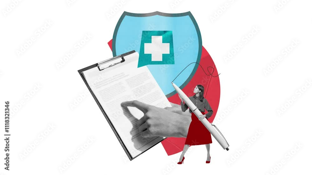Woman with large pen signing health documents under protection of shield. Health insurance contracts secure your medical care in timely manner. Animation. Medicine, business, treatment concept Woman with large pen signing health documents under protection of shield. Health insurance contracts secure your medical care in timely manner. Animation. Medicine, business, treatment concept