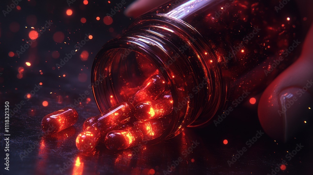 Glowing red pills spilling from a glass bottle. Glowing red pills spilling from a glass bottle.