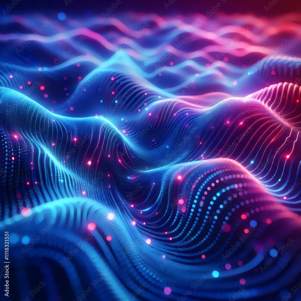 Vibrant waves of blue and pink lights form an undulating digital landscape, creating a sense of movement and dept Vibrant waves of blue and pink lights form an undulating digital landscape, creating a sense of movement and dept