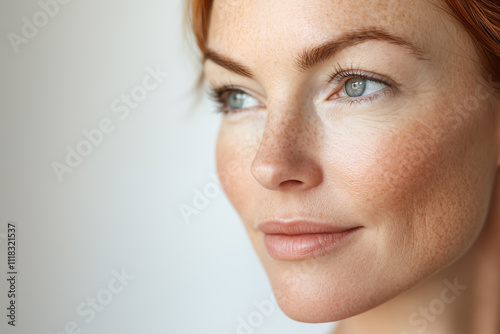 Middle adult woman in her 40s with smooth and well-hydrated skin. Mature woman, skin care, cosmetic and beauty treatment