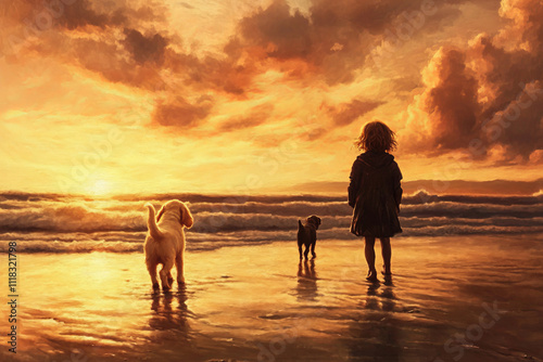 Walk on the beach: children and dogs at sunset