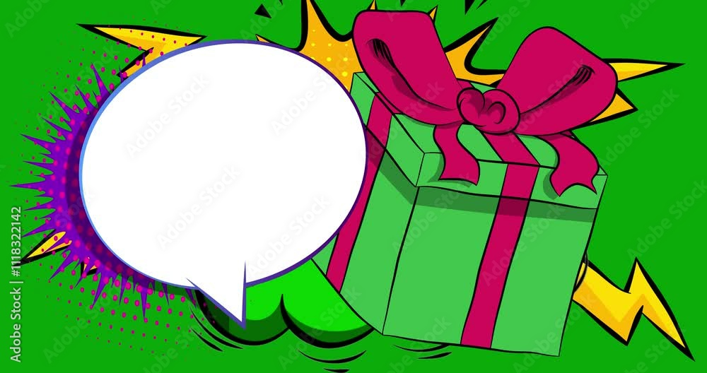 Cartoon Gift Box with blank speech bubble, comic book surprise present video. Retro comics pop art animation.