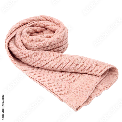 A soft pink wool scarf neatly folded, with visible knit texture, displayed on a transparent background