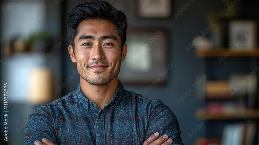 Fototapeta premium A man with a beard and a blue shirt is smiling and posing for a picture. Generative AI