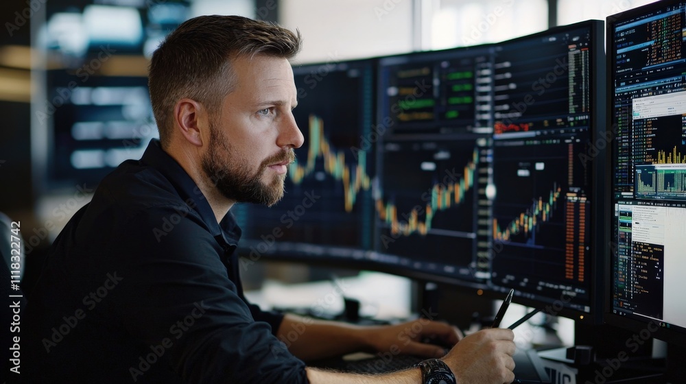 Financial advisor analyzing growth charts and investment data on a multi-monitor setup Financial advisor analyzing growth charts and investment data on a multi-monitor setup