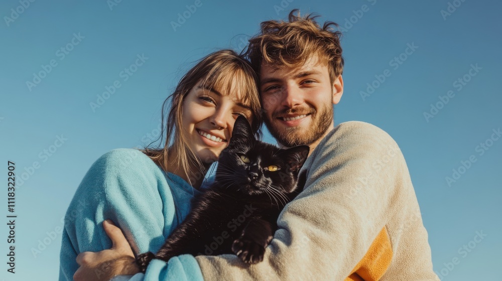 A couple embraces each other in matching athleisure clothing while confidently posing outdoors. They hold a cheerful black cat, basking in the warmth of the day against a clear blue sky A couple embraces each other in matching athleisure clothing while confidently posing outdoors. They hold a cheerful black cat, basking in the warmth of the day against a clear blue sky