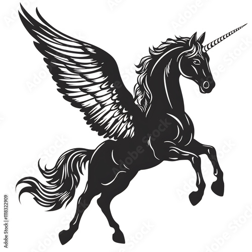 Majestic black unicorn with wings, mythical creature