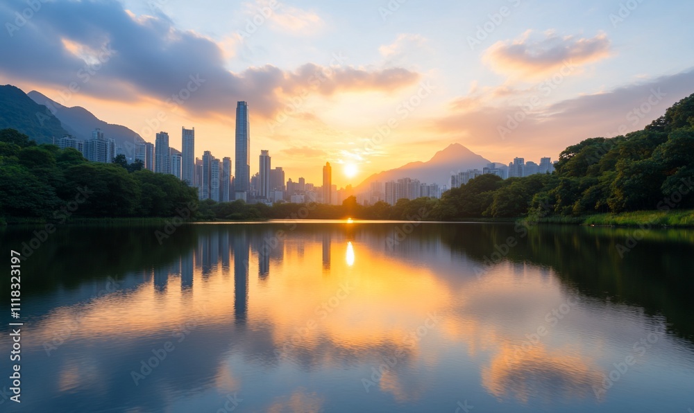 Serene sunset over a city skyline reflected in a tranquil lake. Serene sunset over a city skyline reflected in a tranquil lake.