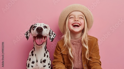 A young girl wearing a cozy sweater and stylish hat sits next to a playful Dalmatian puppy, both smiling joyfully against a vibrant pink backdrop. Their happiness is contagious
