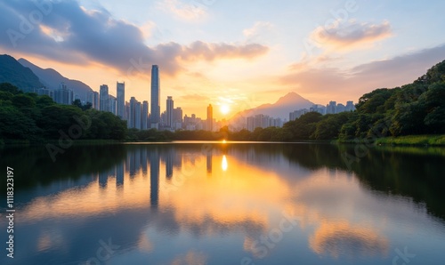 Serene sunset over a city skyline reflected in a tranquil lake.