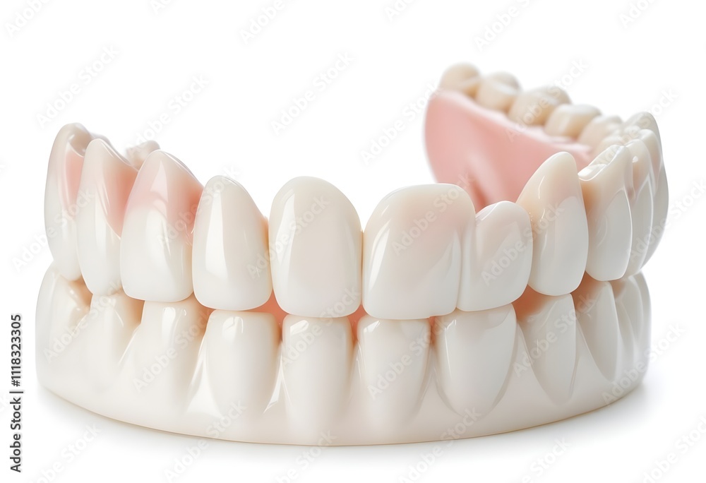 A close-up view of a set of dentures made of ceramic