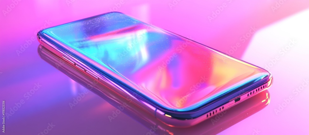 Iridescent smartphone on vibrant pink surface. Iridescent smartphone on vibrant pink surface.