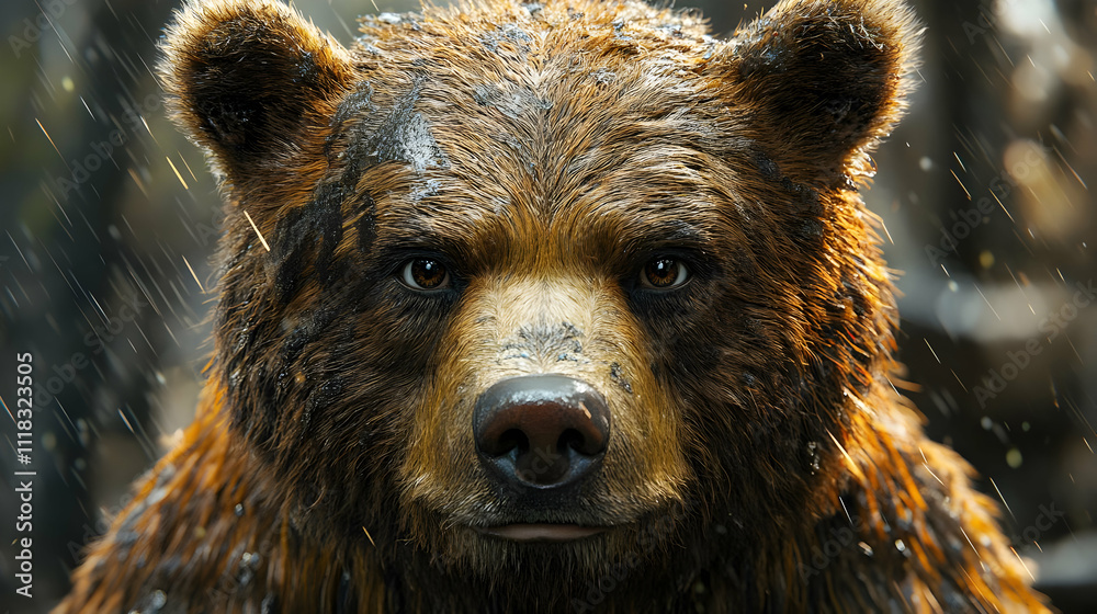 Close-Up of a Bear's Face in the Rain - Realistic Image Close-Up of a Bear's Face in the Rain - Realistic Image
