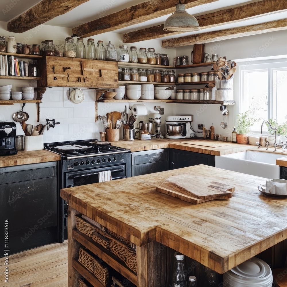 Rustic kitchen with wooden island, exposed beams, and ample storage. Rustic kitchen with wooden island, exposed beams, and ample storage.