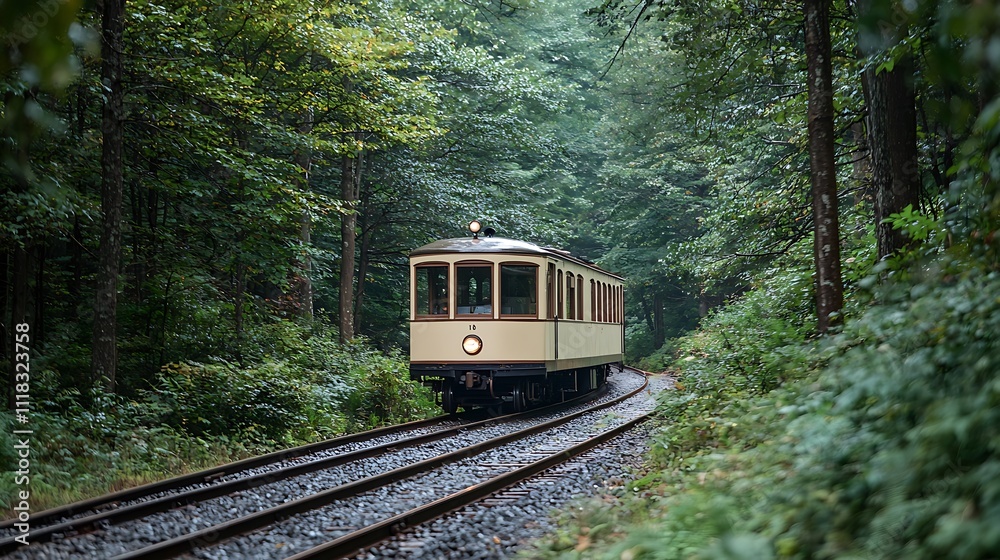 Naklejka premium Vintage Train Rides Through Lush Green Forest