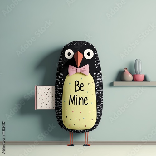 Whimsical Valentine sketch. Whimsical penguin plush with a 