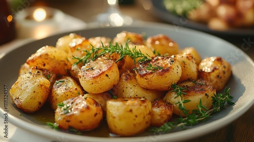 Roasted potatoes with thyme on a plate.