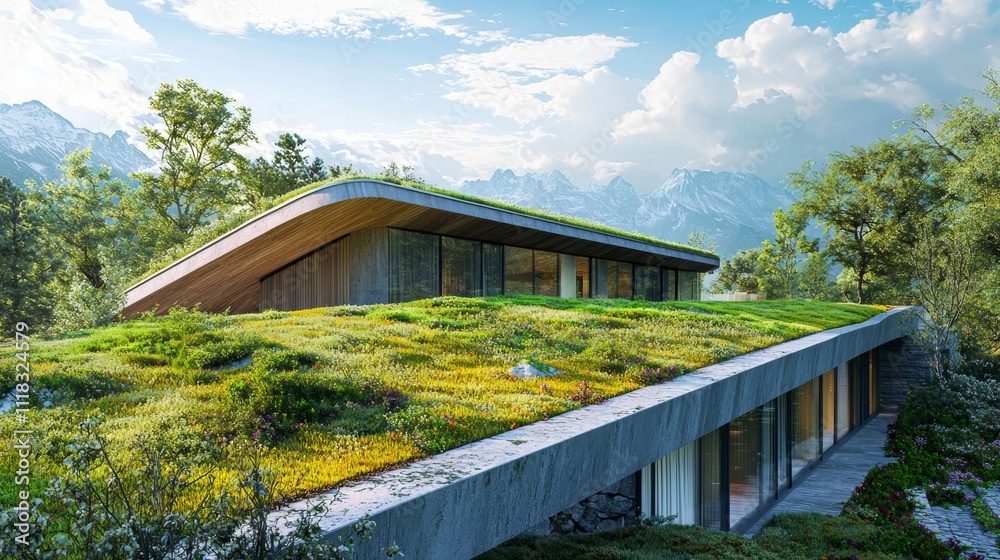 Modern Sustainable Green Roof Design on Urban Building Landscape Modern Sustainable Green Roof Design on Urban Building Landscape