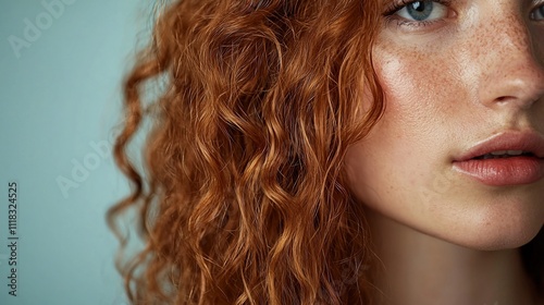 Close-up of a woman's face with red curly hair and freckles.