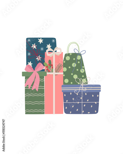 A charming pile of Christmas gift boxes with colorful ribbons and festive wrapping, embodying the spirit of holiday giving