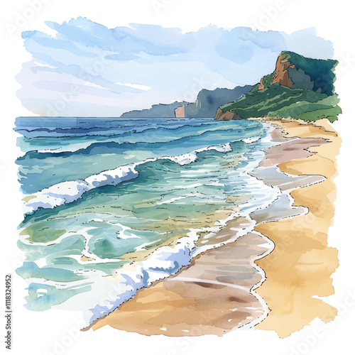 serene beach with waves vector illustration in watercolor style