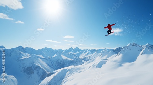 Snowboarder jumping over snowy mountains under a bright sky.