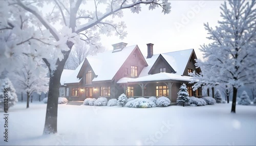 Dream house in winter. heavy snow on apple tree and ground. Snowy white garden. Expensive and exclusive real estate villa in Stockholm Sweden suburb. family home in nature photo