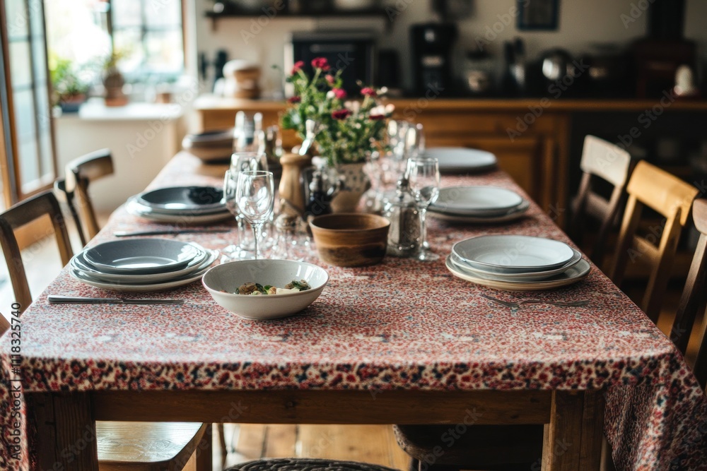 Rustic dining table set for a meal, featuring a patterned tablecloth, wooden chairs, and simple tableware. Rustic dining table set for a meal, featuring a patterned tablecloth, wooden chairs, and simple tableware.