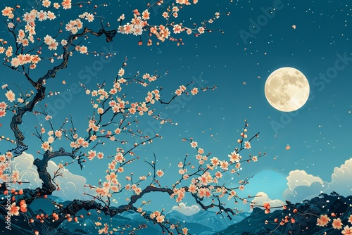 Chinese New Year Celebration Lanterns and Cherry Blossom Illustration