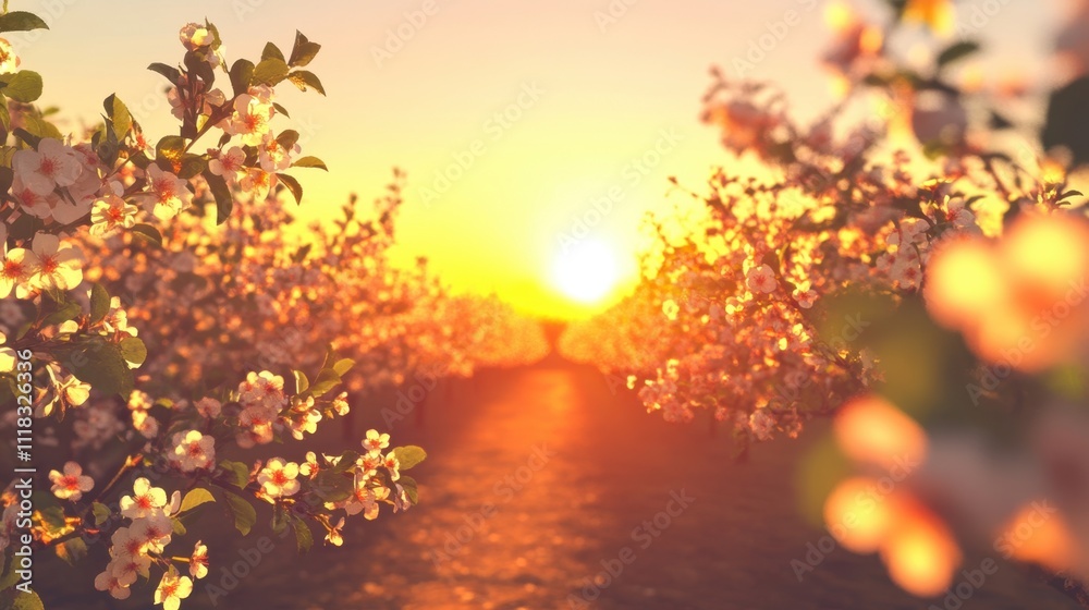 Sunset Glow over Blossoming Orchard Pathway Sunset Glow over Blossoming Orchard Pathway