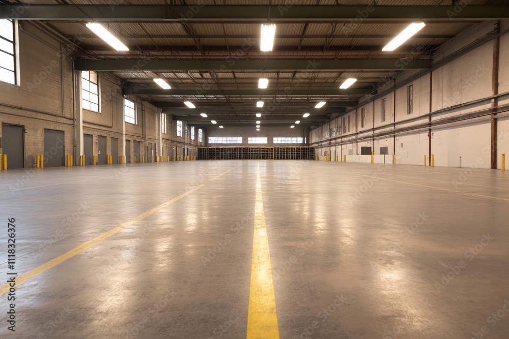 Spacious industrial warehouse with polished concrete flooring. Spacious industrial warehouse with polished concrete flooring.