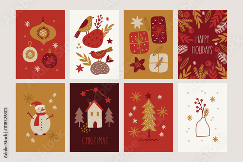 Christmas greeting cards with baubles, balls, birds, gifts, stars, leaves, flowers, snowflakes, snowman, fir tree in Red, Gold and White. Perfect for holiday decoration. Vector illustration