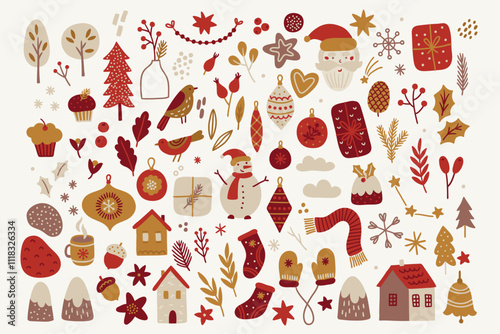 Christmas set - Santa, fir tree, house, bird, leaves, snowflake, gift, cake, acorn, berry, garland, socks, star on white background. Perfect for winter greeting cards, decorations. Vector illustration