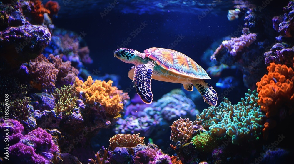 Vibrant Coral Reef Scene with Sea Turtle Swimming Gracefully Vibrant Coral Reef Scene with Sea Turtle Swimming Gracefully