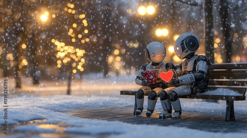 Cute Robots and Heart on Bench with Snowfall Cute Robots and Heart on Bench with Snowfall