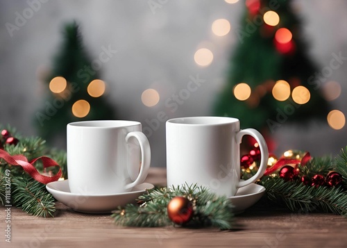 Christmas mockup one white empty tea mugs on a table and branches of a Christmas tree wreath and christmas background. Cup template for your design, logo with copy space.