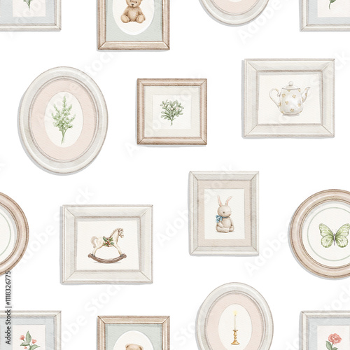Seamless pattern with various forest Christmas animal characters in clothes isolated on white background. Watercolor hand drawn illustration..