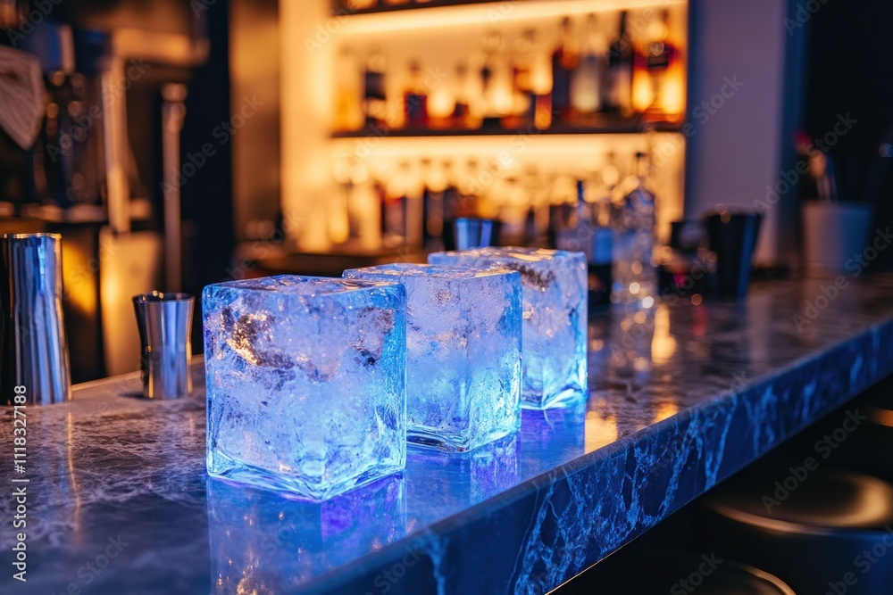 Three illuminated ice cubes on a bar counter. Three illuminated ice cubes on a bar counter.