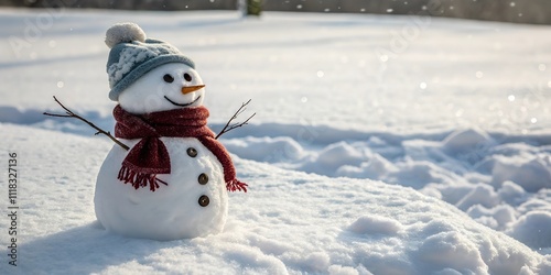  Classic snowman with a knitted hat and scarf, standing in a pristine snowy landscape, embodying the charm and magic of winter. photo