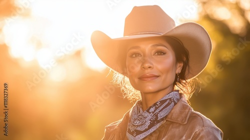 Golden Hour Cowboy Hat Portrait of Smiling Woman photo