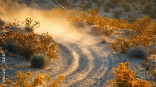 Golden Hour Desert Landscape with Winding Dirt Road Amidst Shrubbery