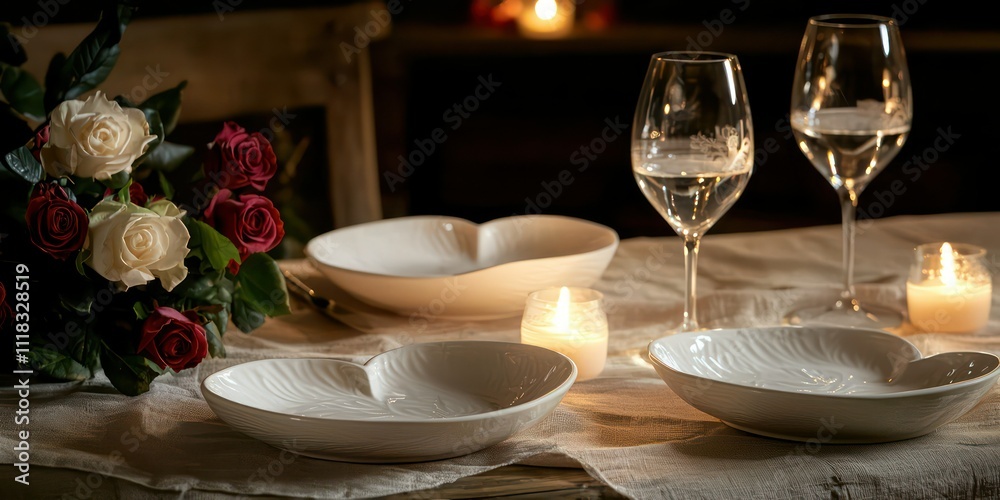 A candlelit dinner setup for two with heart-shaped plates, wine glasses, and a bouquet of roses on the table. A candlelit dinner setup for two with heart-shaped plates, wine glasses, and a bouquet of roses on the table.