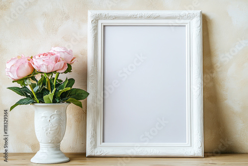 white picture frame and a white vase