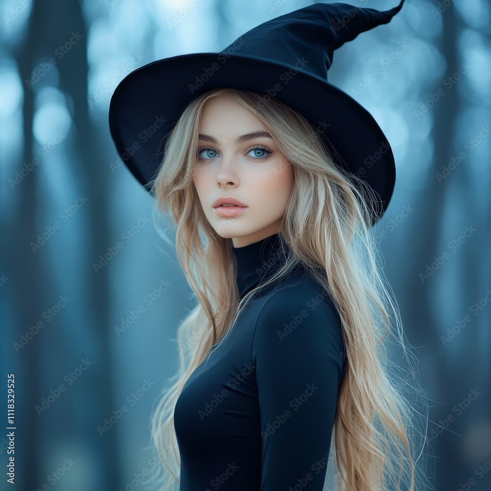 Beautiful Witch with Long Blonde Hair in Black Hat