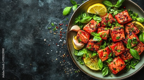 Grilled salmon with lemon and basil.