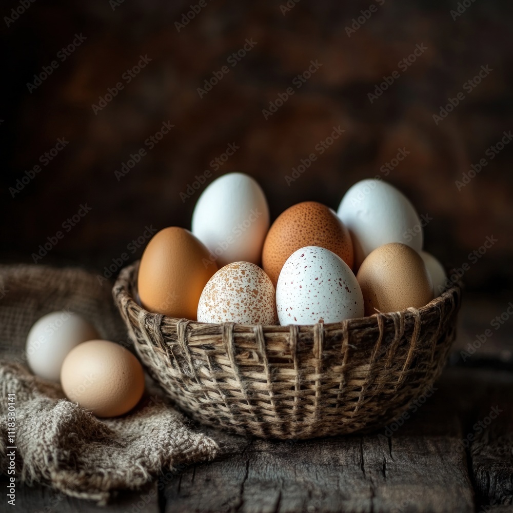 A rustic wicker basket filled with various colored eggs sits on a wooden surface. A rustic wicker basket filled with various colored eggs sits on a wooden surface.