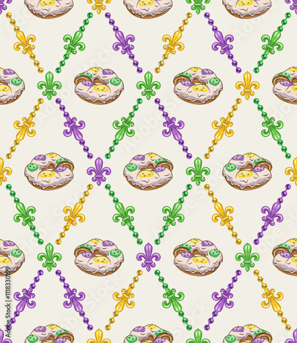 Geometric pattern with colorful fleur de lis symbol, king cake in center of grid cells. Diagonal rhombus grid. Decoration for Mardi Gras carnival. Vintage style illustration